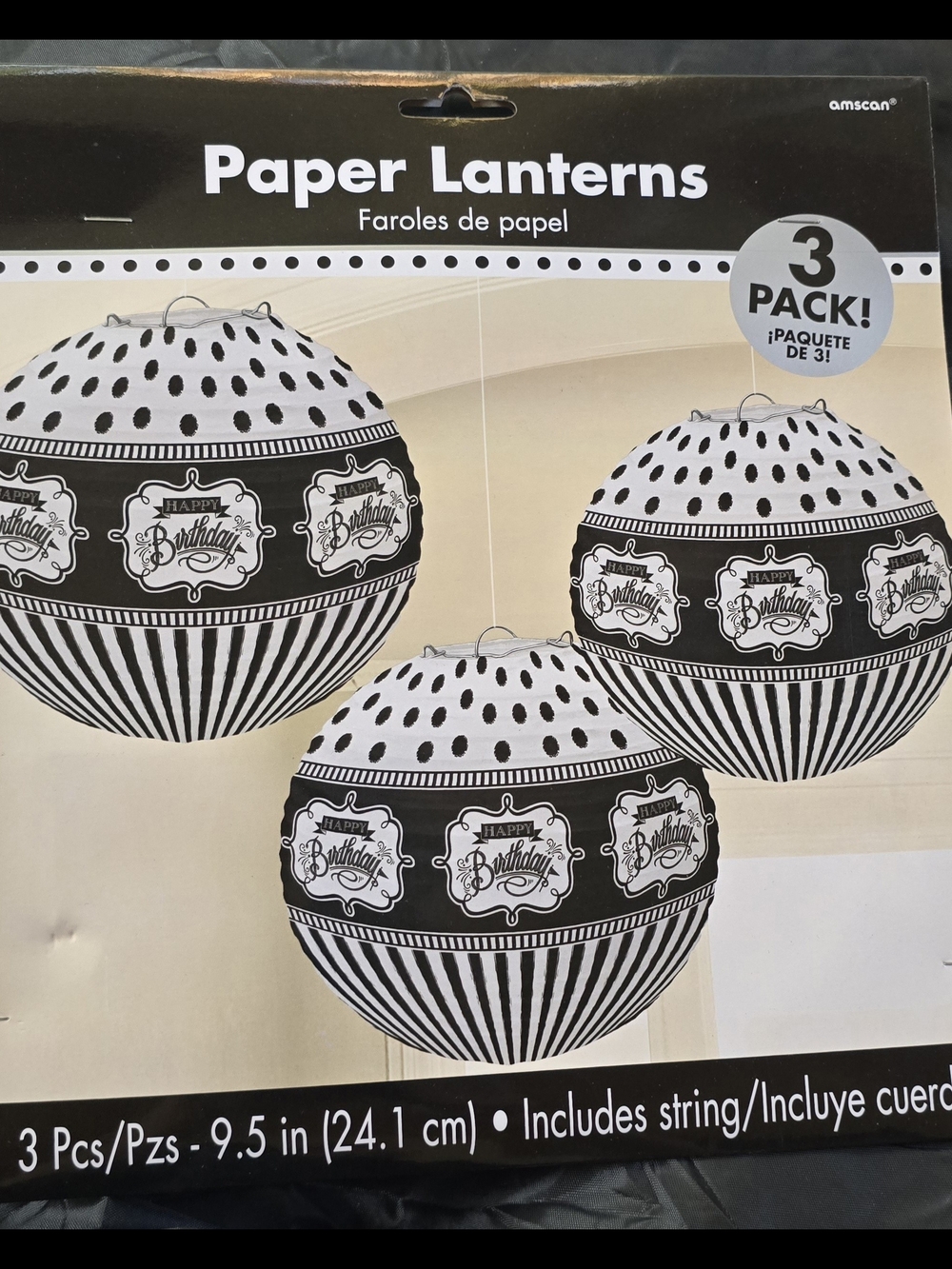 Happy Birthday Paper Lanterns Blk/White(2) 3 Pack